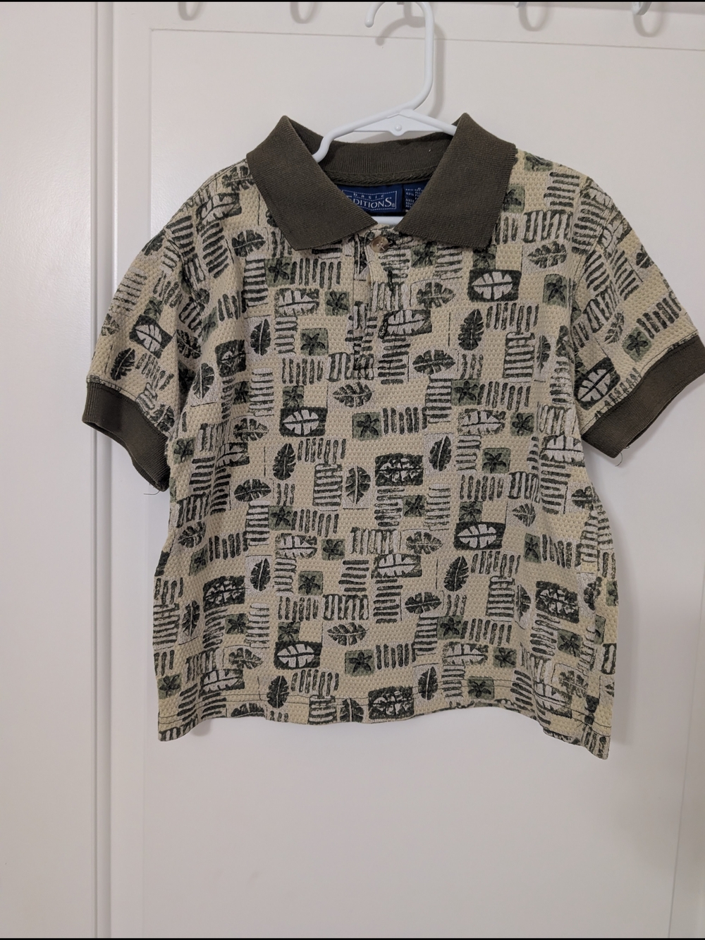 Vintage Y2K Basic Editions Olive & Cream Nature Patterned Kids Polo
